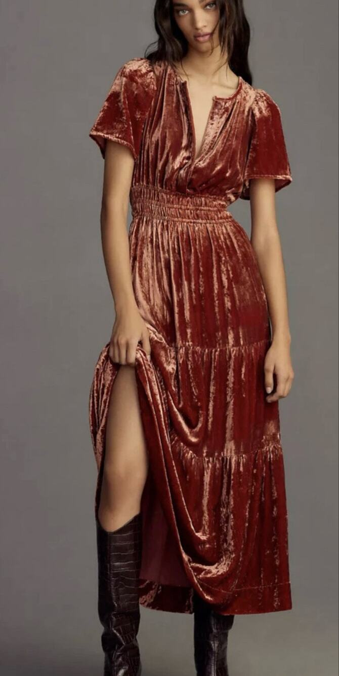 NWT Anthropologie Somerset Velvet Maxi Dress Women's M Tiered Rose Fall Romantic
